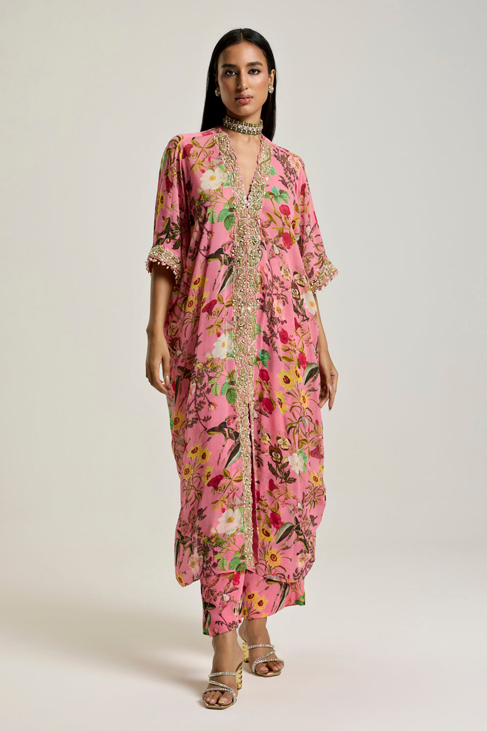 Pink Embroidered Crepe Satin Kaftan
