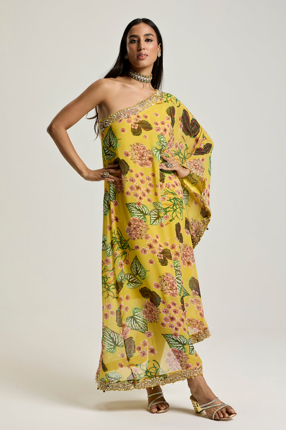 Yellow One Shoulder Embroidered Kaftan – Prints By Radhika