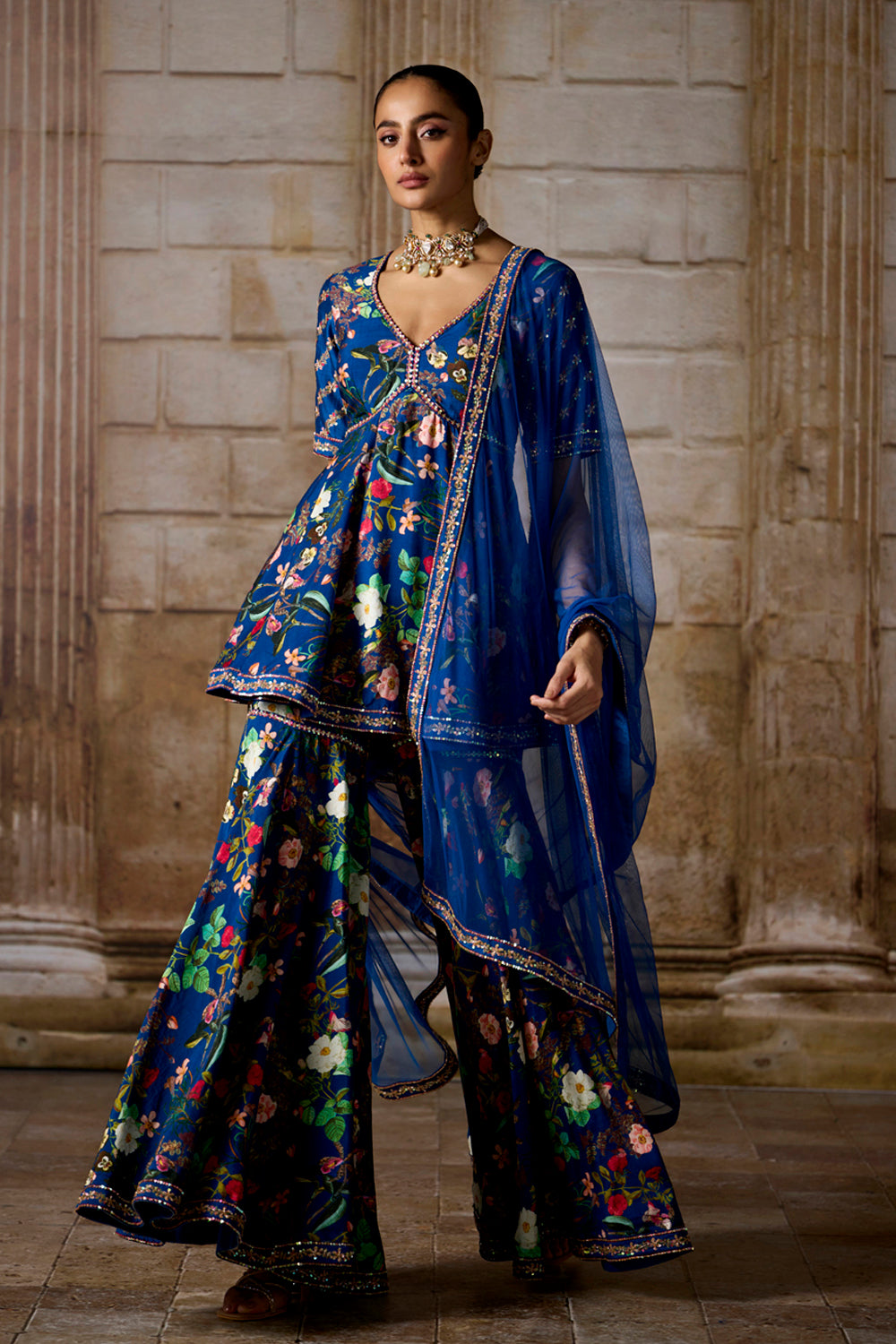 Navy Blue Printed Rayon Gharara