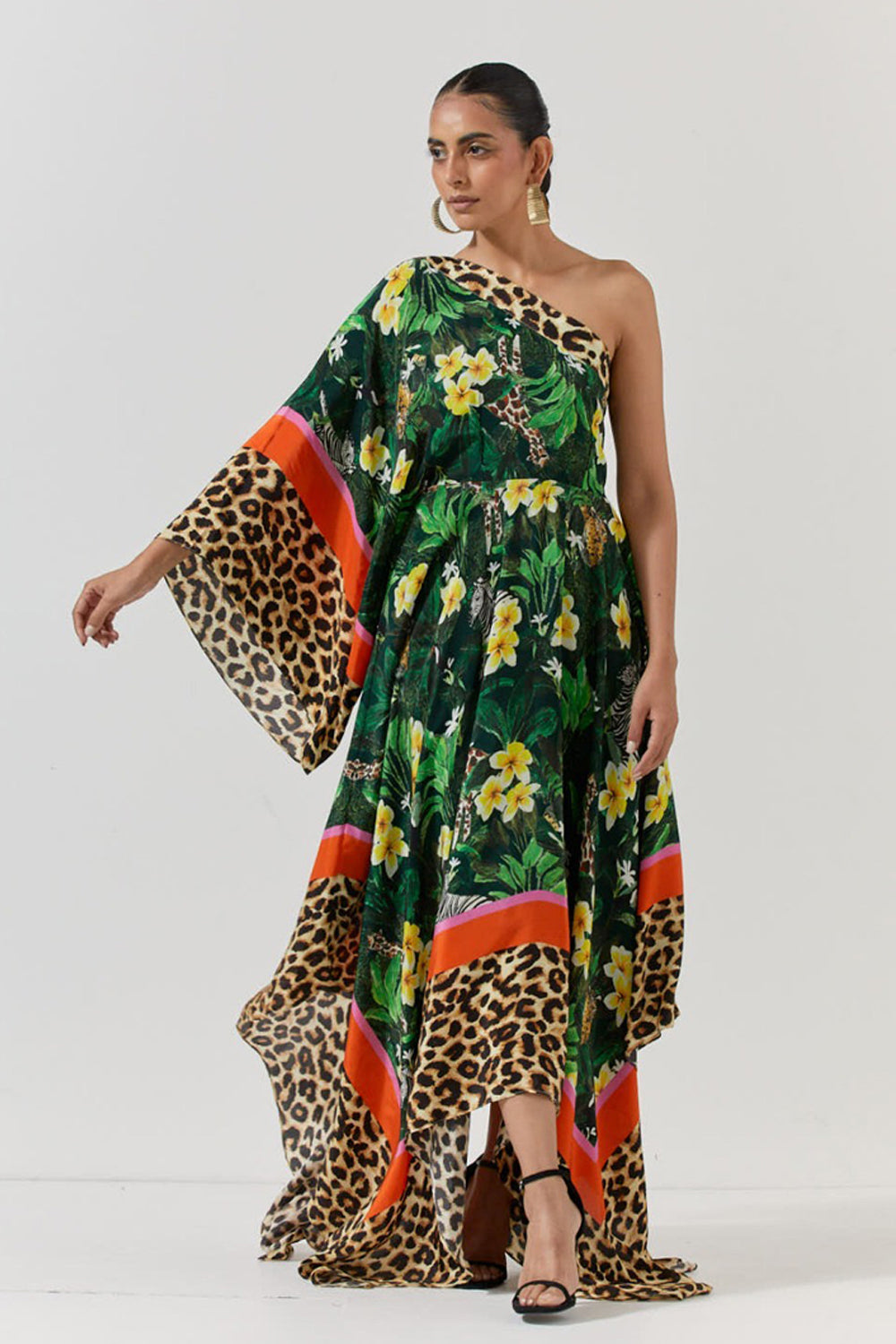 Ethnic Printed One Shoulder Drape Cowl Kaftan Dress