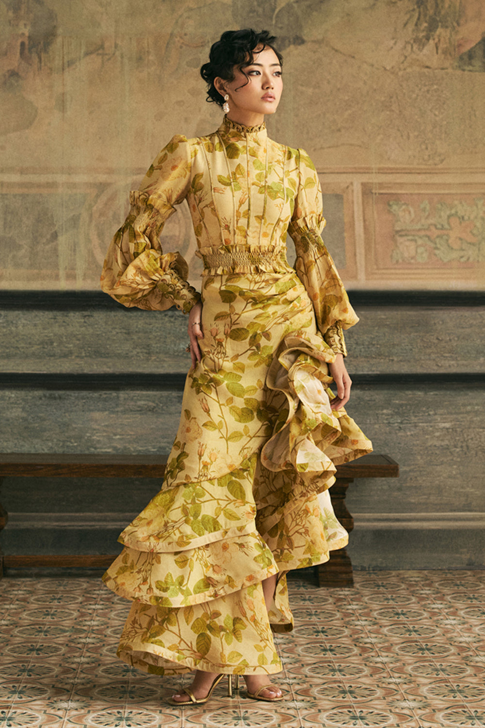Rose High-Neck Asymmetric Ruffle Dress – Prints By Radhika