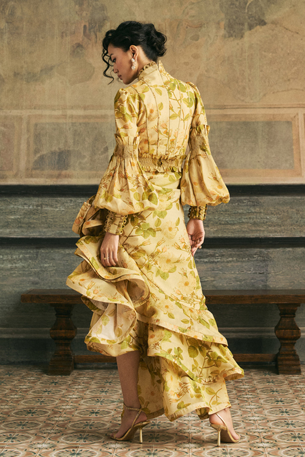 Rose High-Neck Asymmetric Ruffle Dress – Prints By Radhika